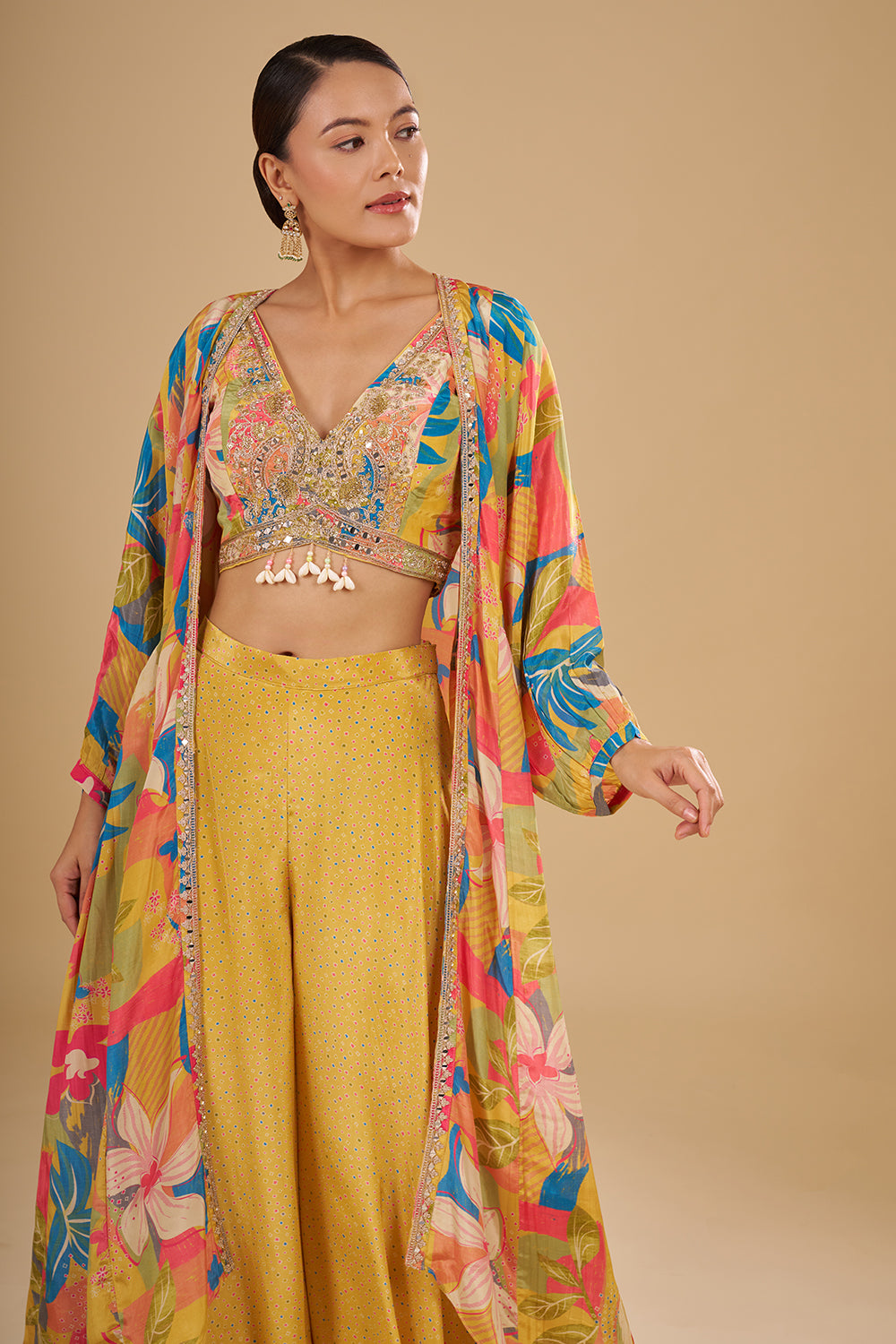 Lemon Yellow Multicolour Floral Printed Pure Crepe Cape Set with Sequins, Cut Dana and Mirror Work