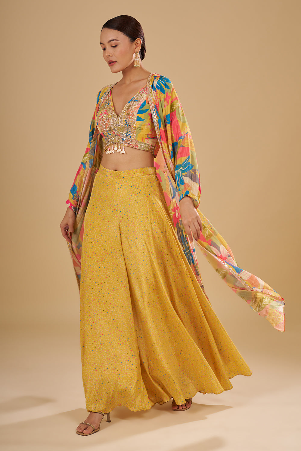 Lemon Yellow Multicolour Floral Printed Pure Crepe Cape Set with Sequins, Cut Dana and Mirror Work