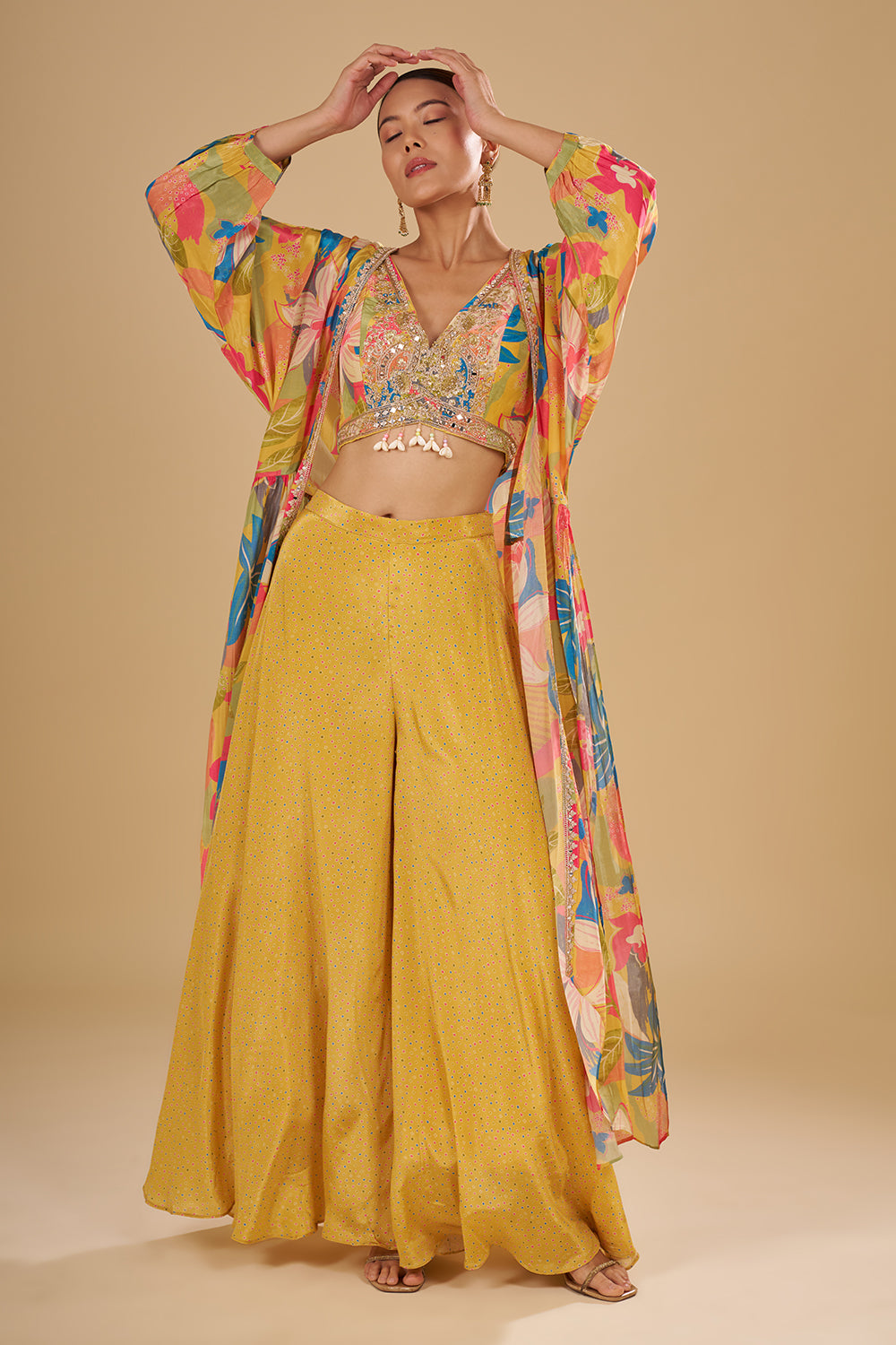 Lemon Yellow Multicolour Floral Printed Pure Crepe Cape Set with Sequins, Cut Dana and Mirror Work