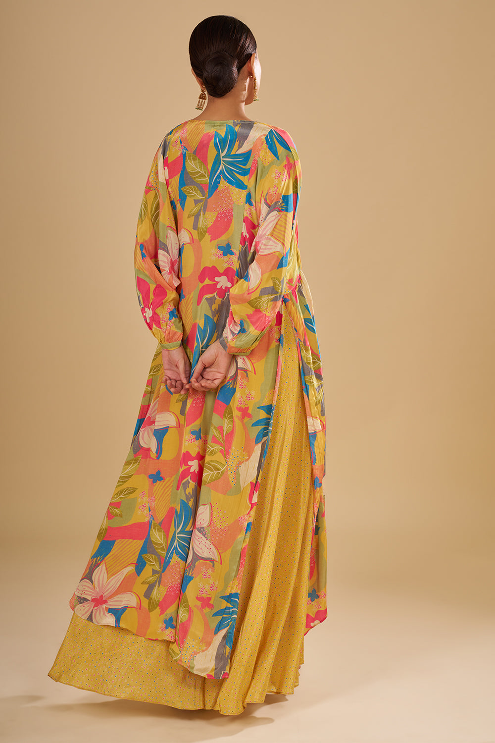 Lemon Yellow Multicolour Floral Printed Pure Crepe Cape Set with Sequins, Cut Dana and Mirror Work