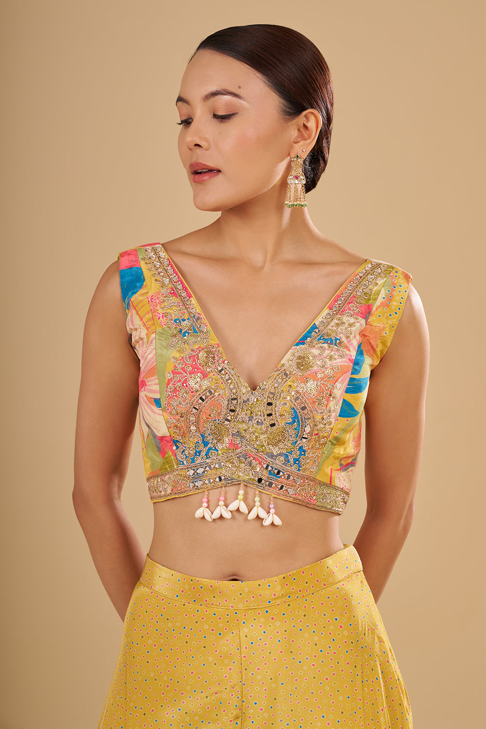Lemon Yellow Multicolour Floral Printed Pure Crepe Cape Set with Sequins, Cut Dana and Mirror Work
