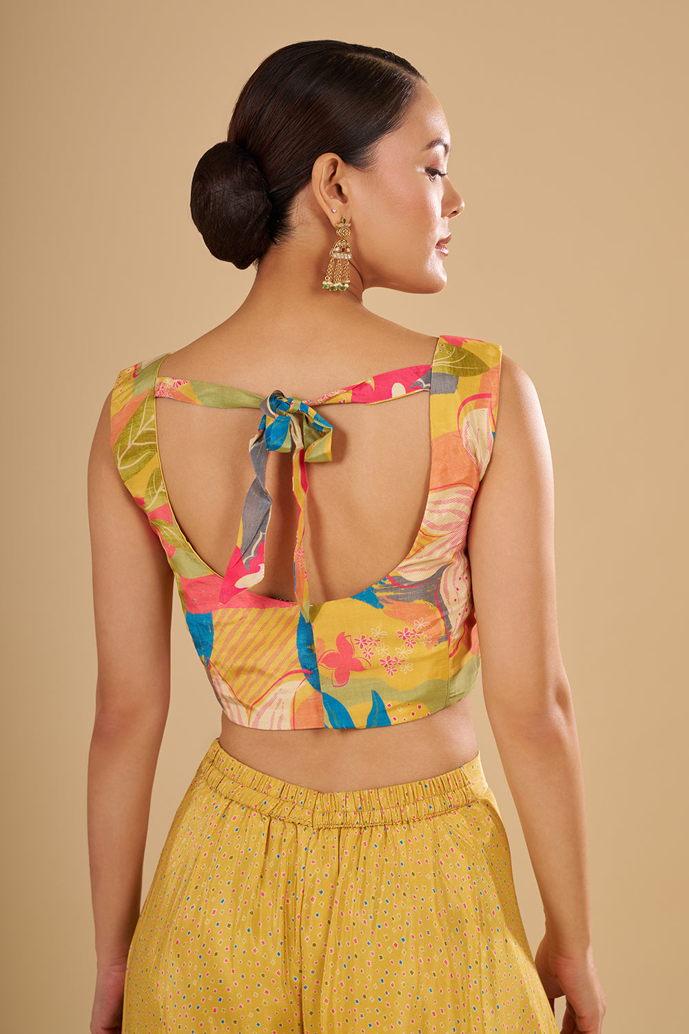 Lemon Yellow Multicolour Floral Printed Pure Crepe Cape Set with Sequins, Cut Dana and Mirror Work