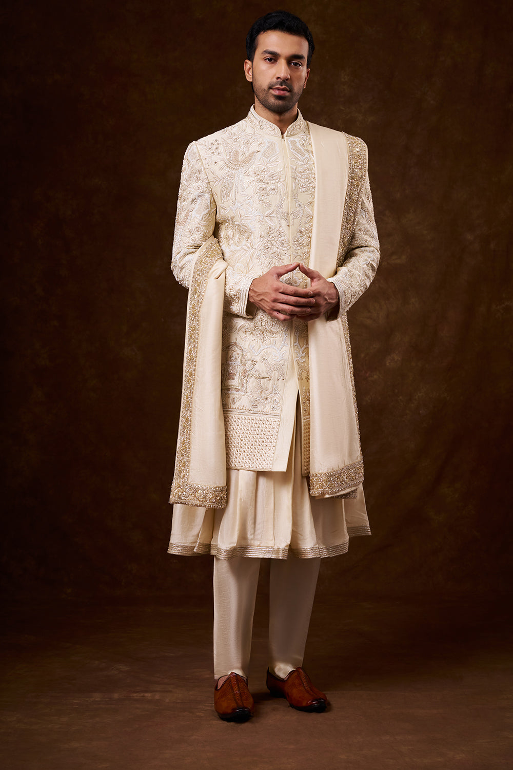 Light Beige Art Silk Groom’s Sherwani with Zardozi Work