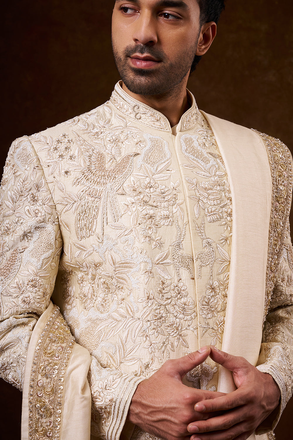 Light Beige Art Silk Groom’s Sherwani with Zardozi Work
