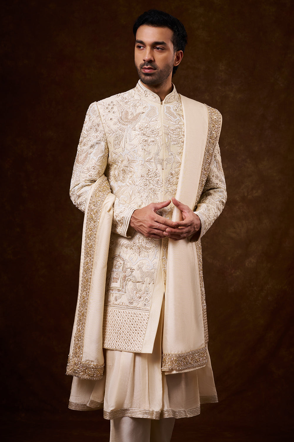 Light Beige Art Silk Groom’s Sherwani with Zardozi Work