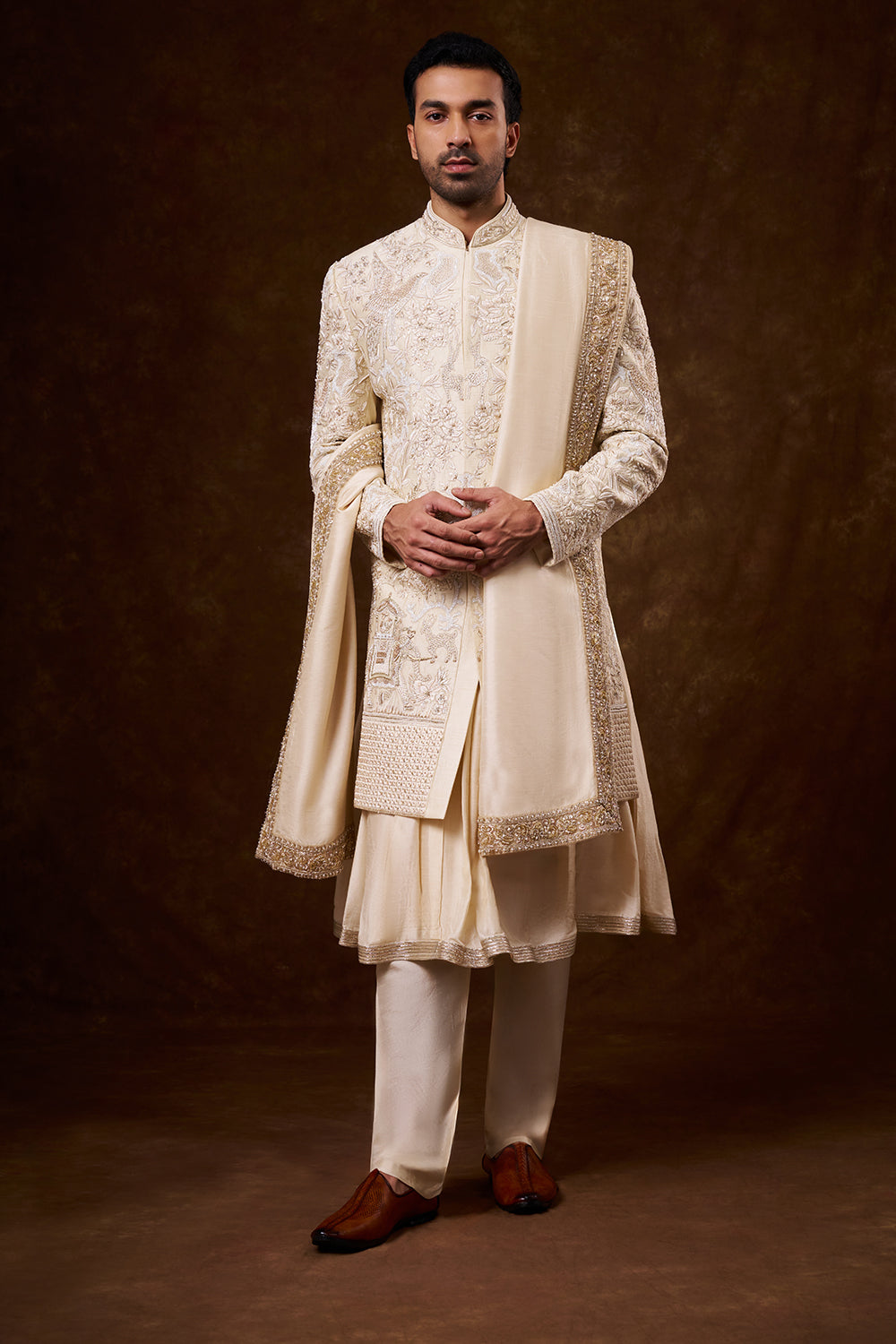 Light Beige Art Silk Groom’s Sherwani with Zardozi Work