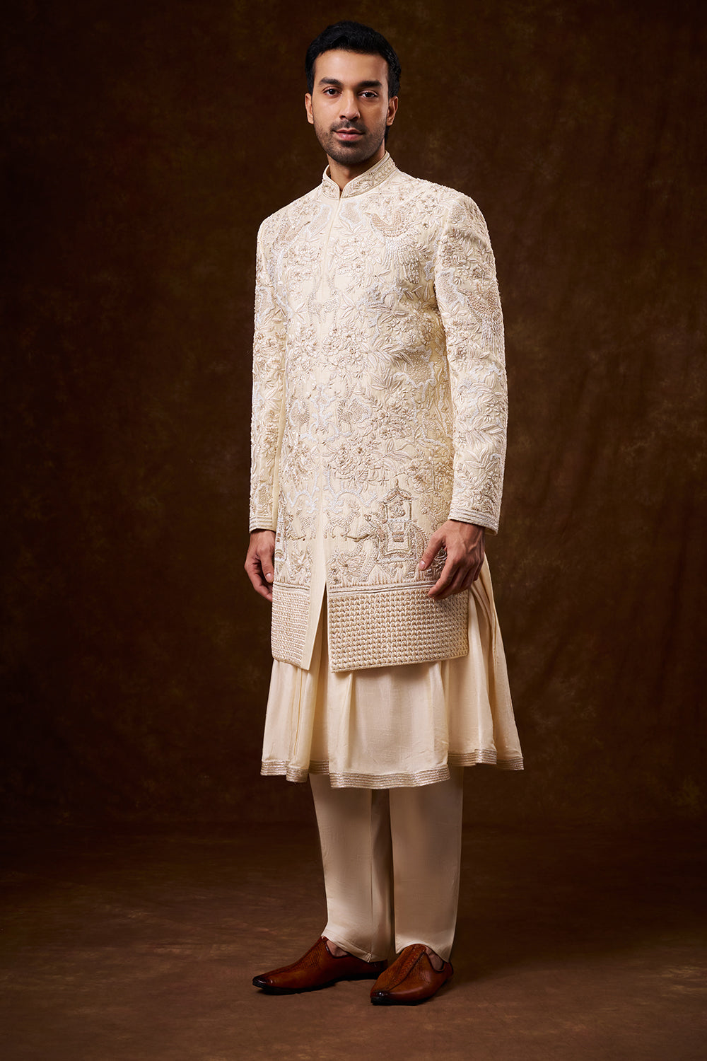 Light Beige Art Silk Groom’s Sherwani with Zardozi Work