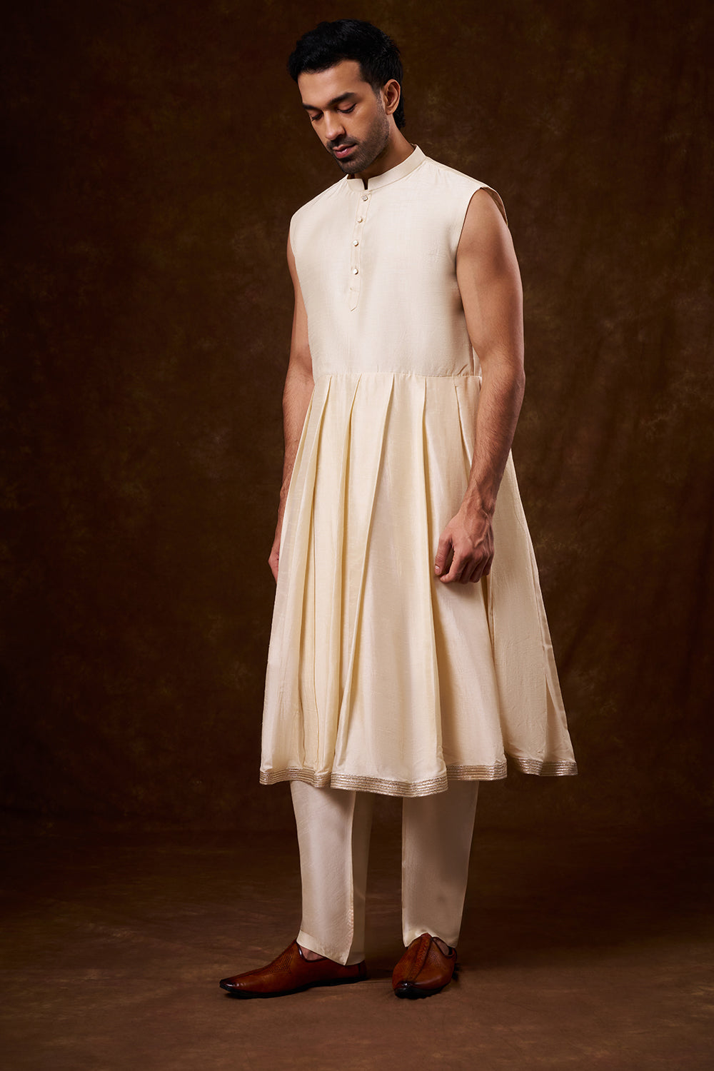 Light Beige Art Silk Groom’s Sherwani with Zardozi Work