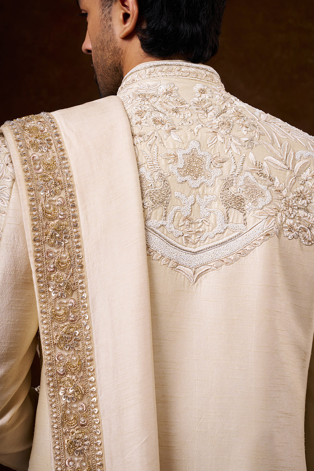 Light Beige Art Silk Groom’s Sherwani with Zardozi Work