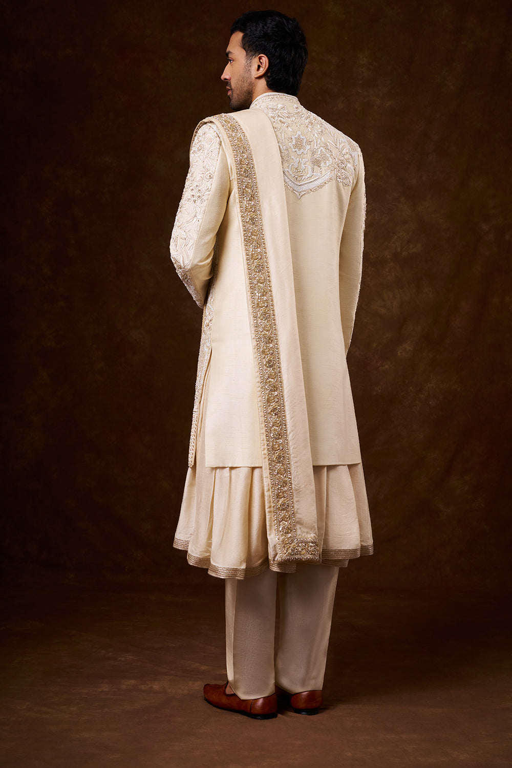 Light Beige Art Silk Groom’s Sherwani with Zardozi Work