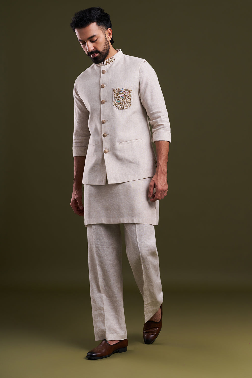 Light Beige Linen Zardozi Men's Kurta with Jacket