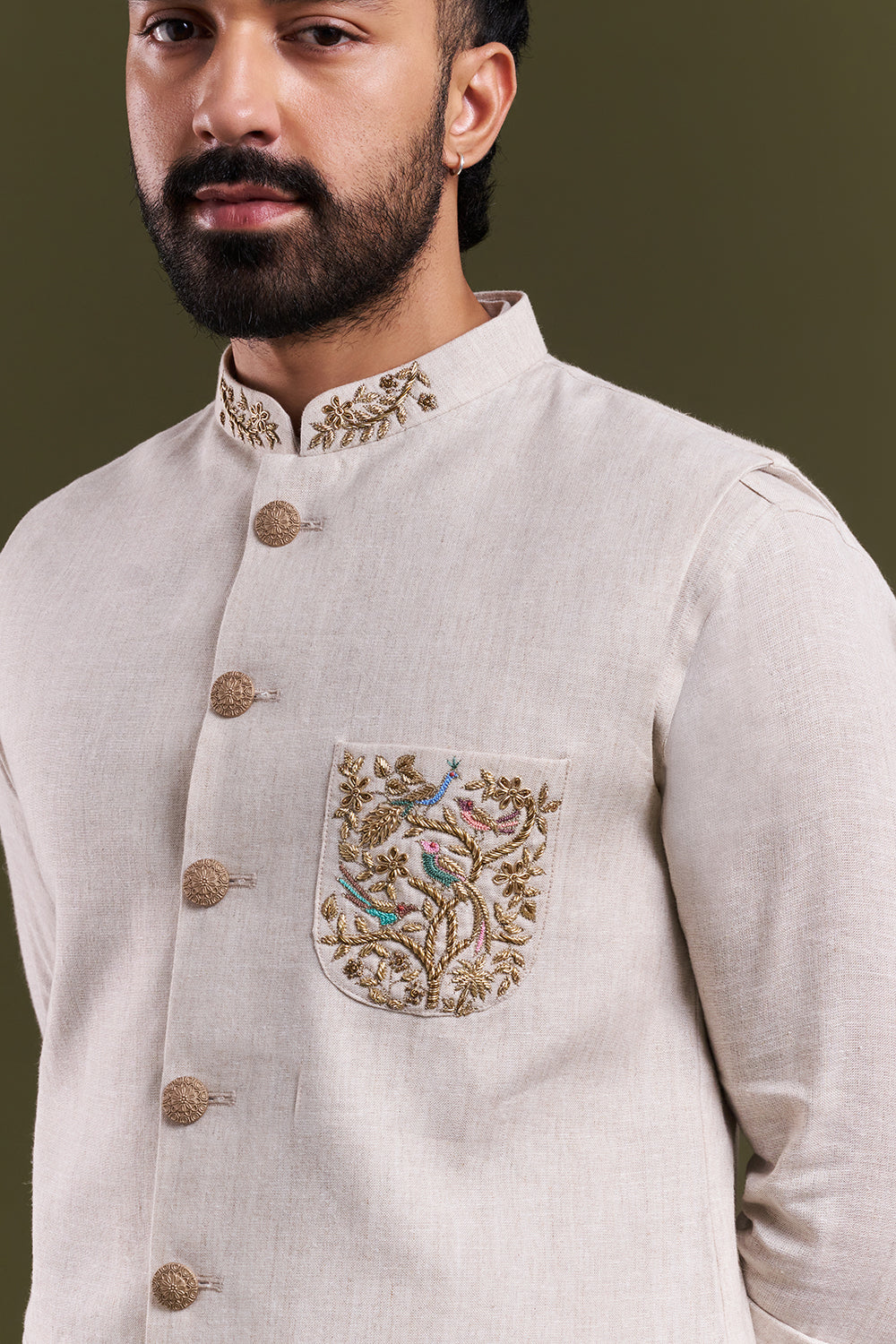 Light Beige Linen Zardozi Men's Kurta with Jacket