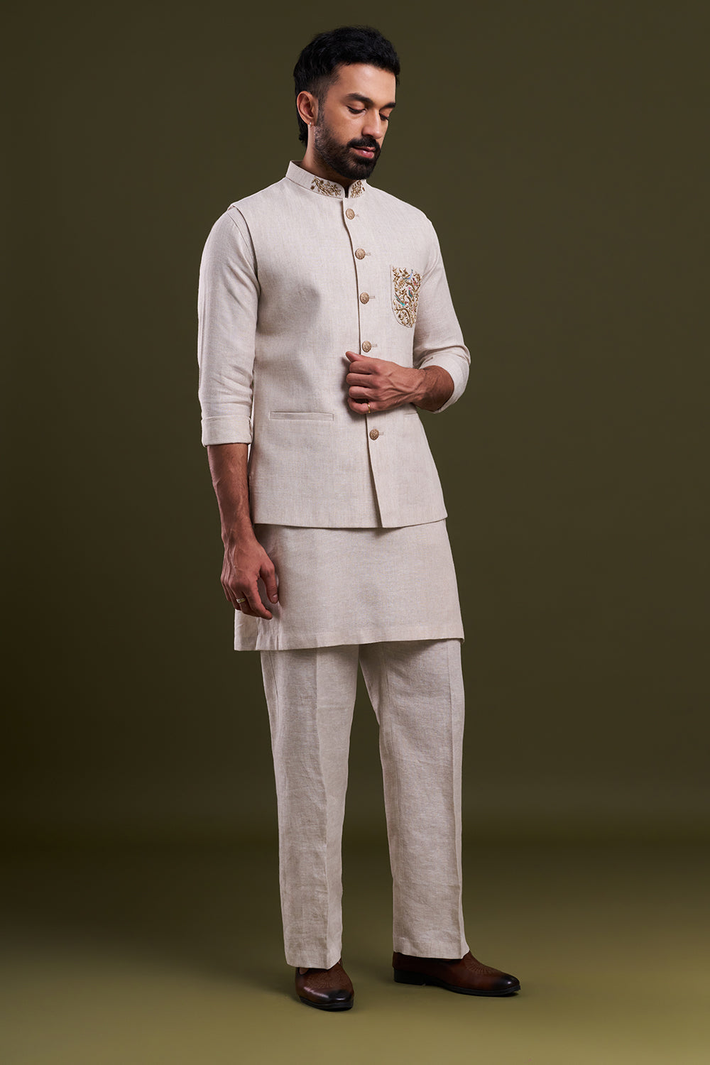 Light Beige Linen Zardozi Men's Kurta with Jacket