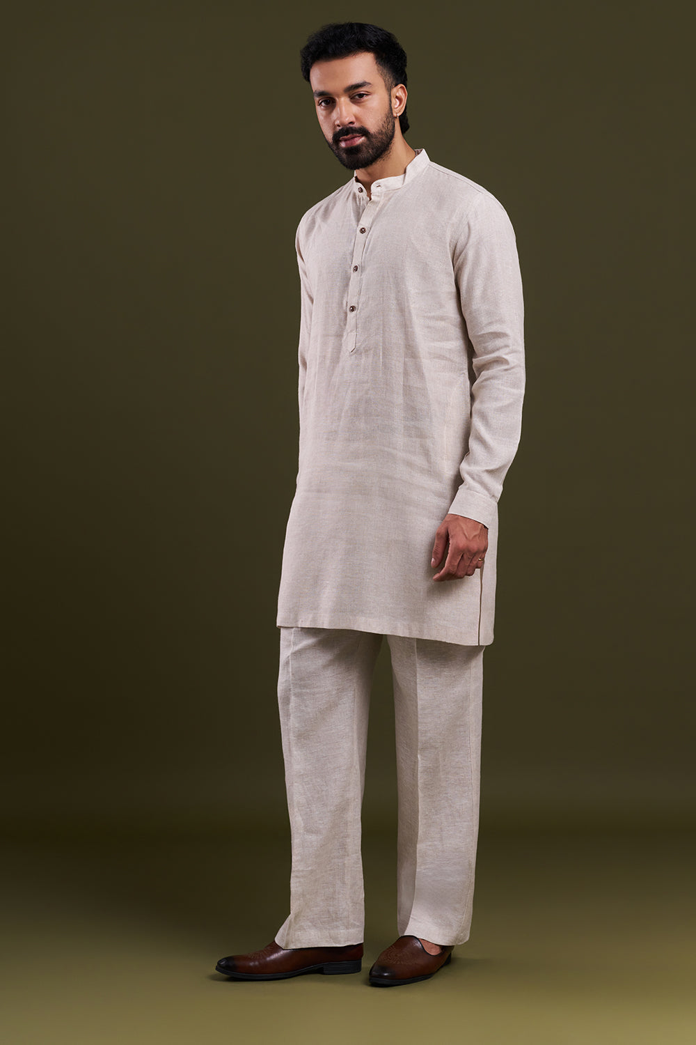 Light Beige Linen Zardozi Men's Kurta with Jacket