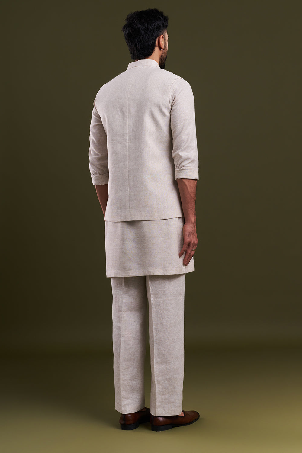 Light Beige Linen Zardozi Men's Kurta with Jacket