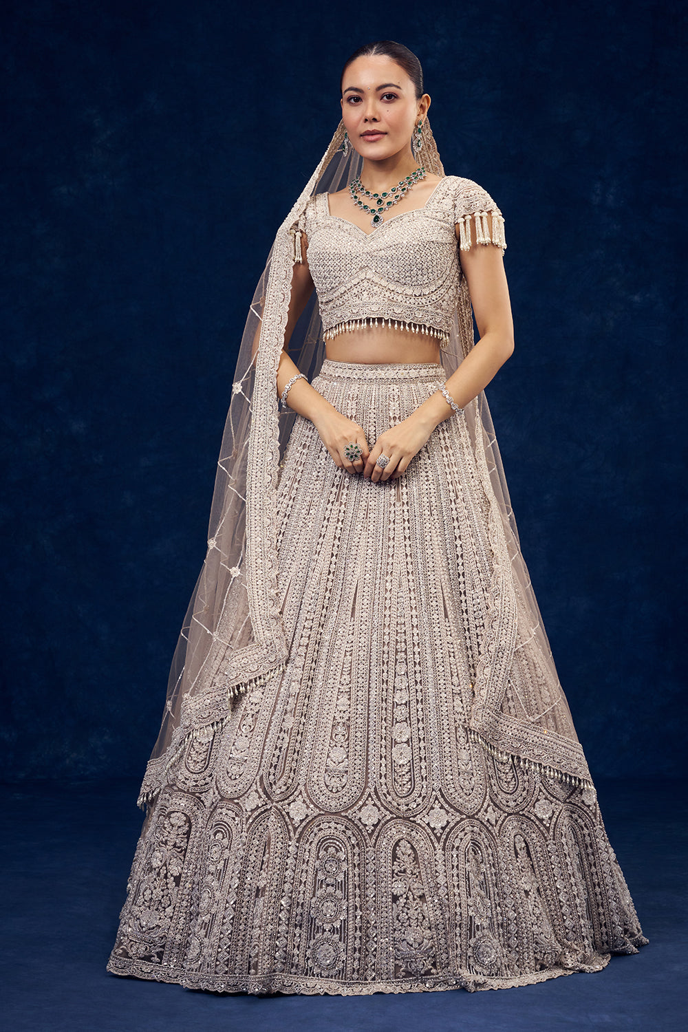 Light Beige Net Lehenga with Cutdana and Sequins Handwork