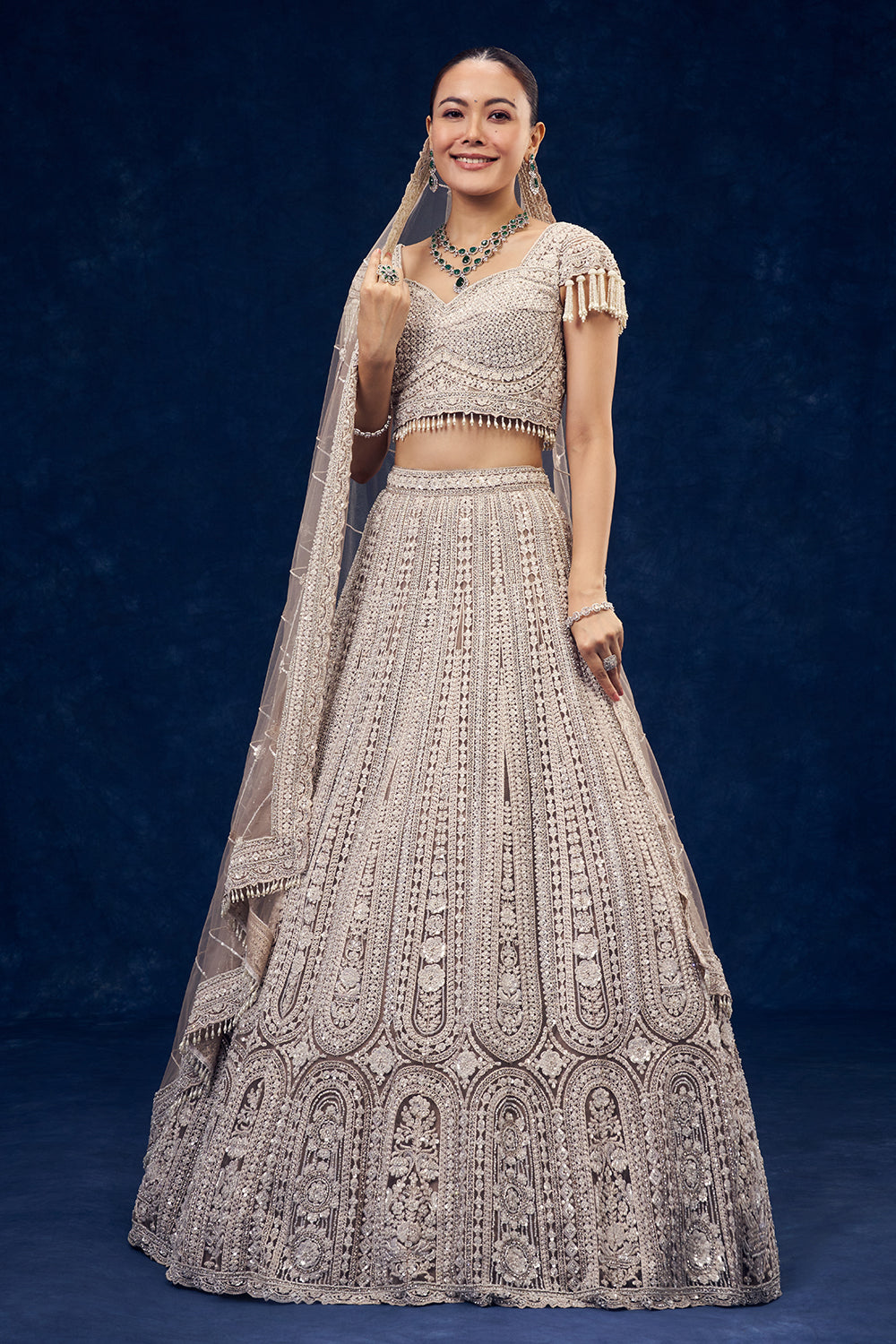 Light Beige Net Lehenga with Cutdana and Sequins Handwork