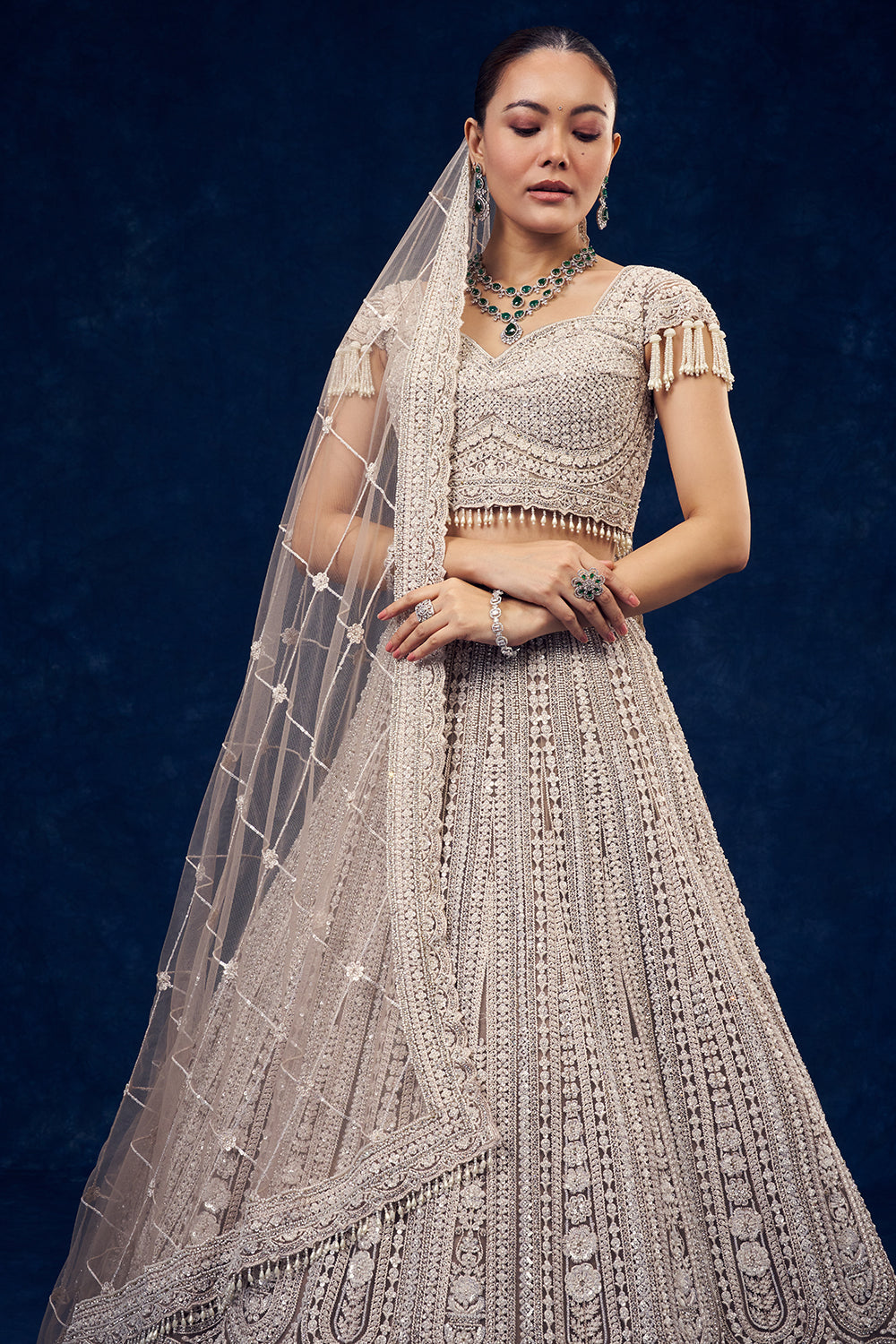 Light Beige Net Lehenga with Cutdana and Sequins Handwork