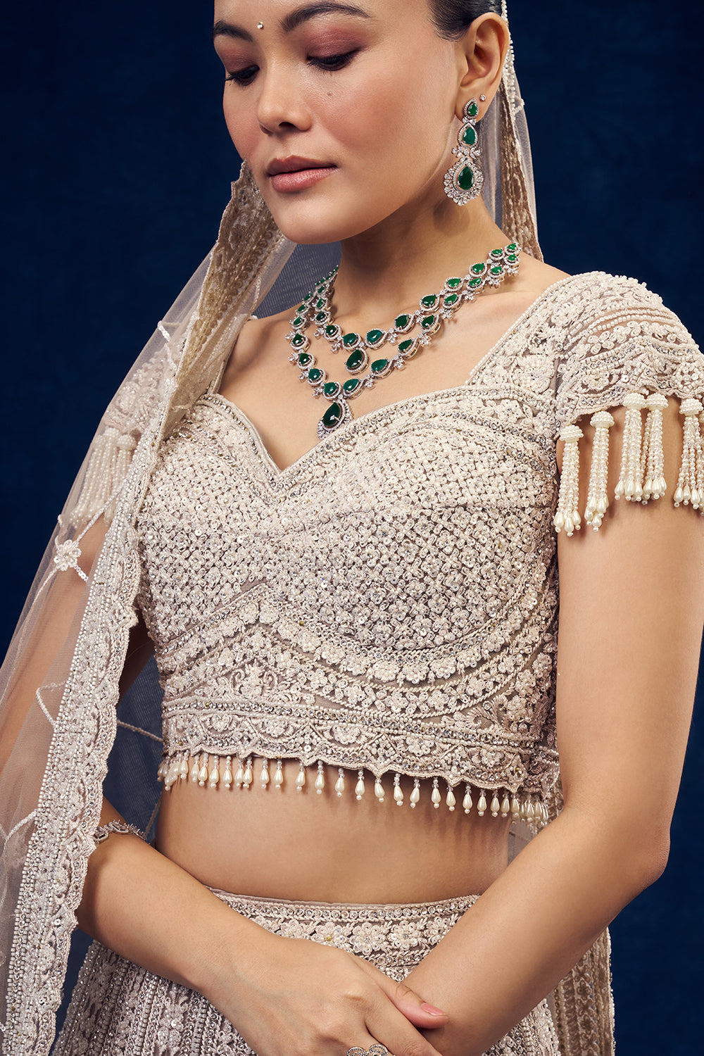 Light Beige Net Lehenga with Cutdana and Sequins Handwork