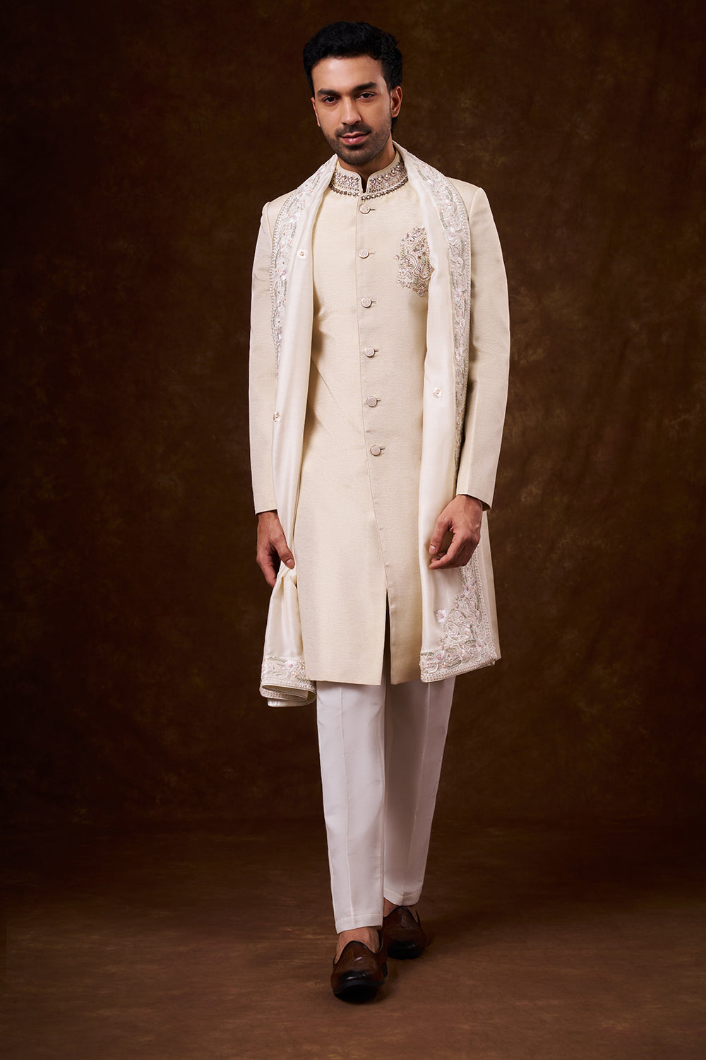 Light Beige Shimmer Art Silk Groomsman Sherwani with Resham Work
