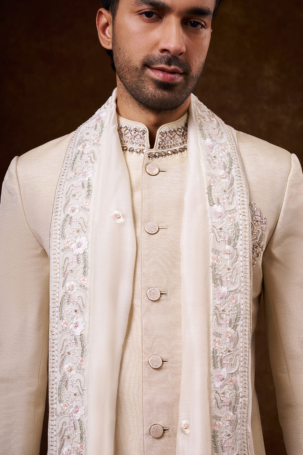 Light Beige Shimmer Art Silk Groomsman Sherwani with Resham Work