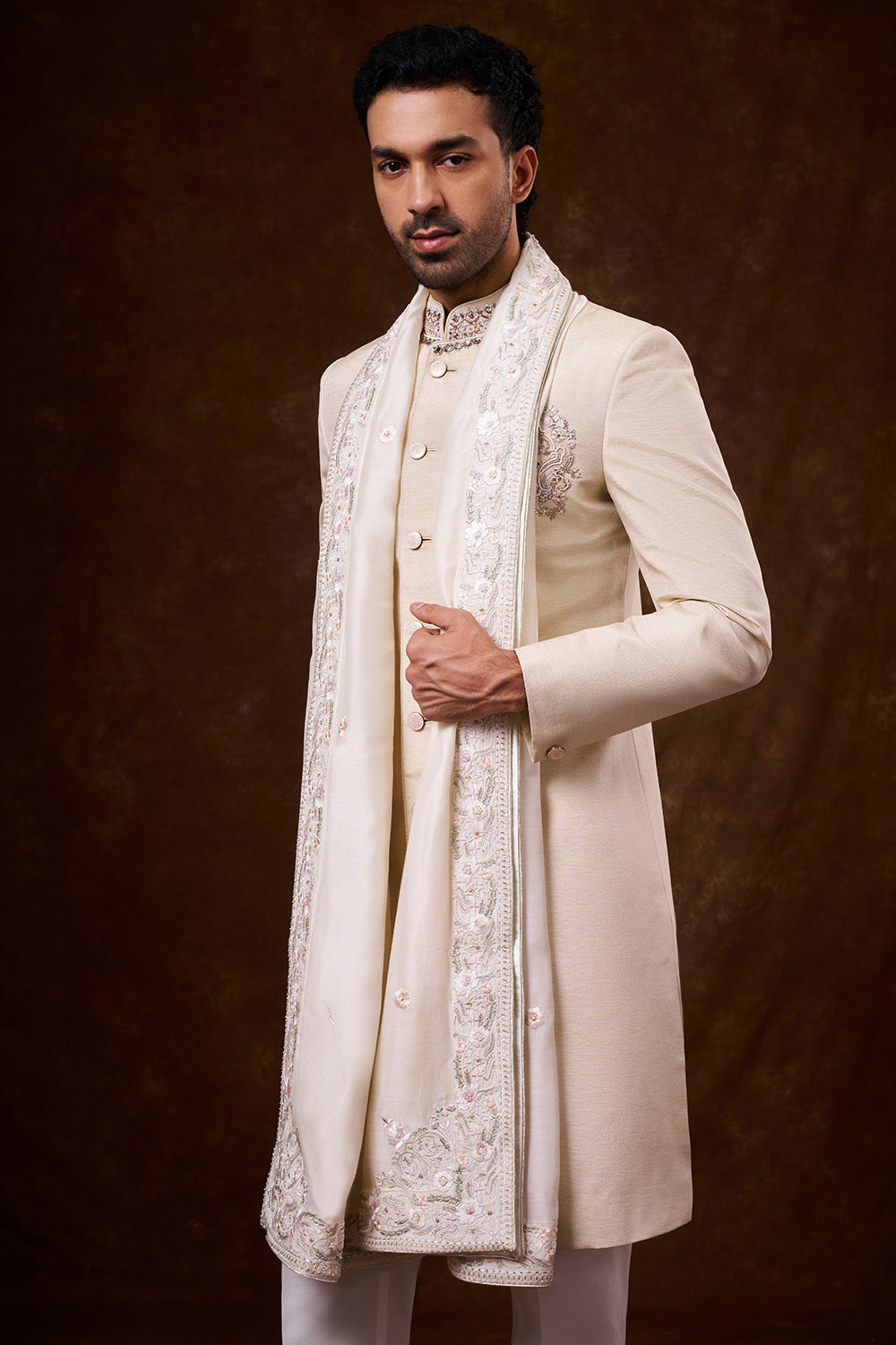 Light Beige Shimmer Art Silk Groomsman Sherwani with Resham Work