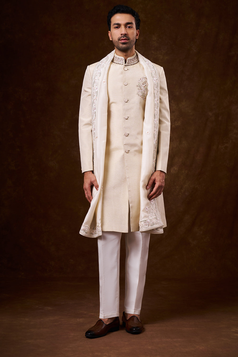 Light Beige Shimmer Art Silk Groomsman Sherwani with Resham Work
