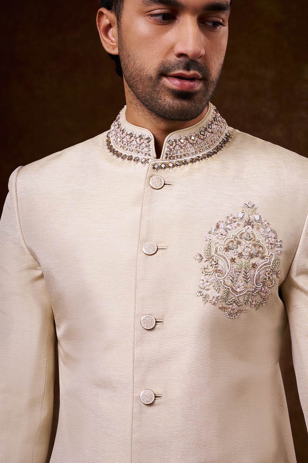 Light Beige Shimmer Art Silk Groomsman Sherwani with Resham Work