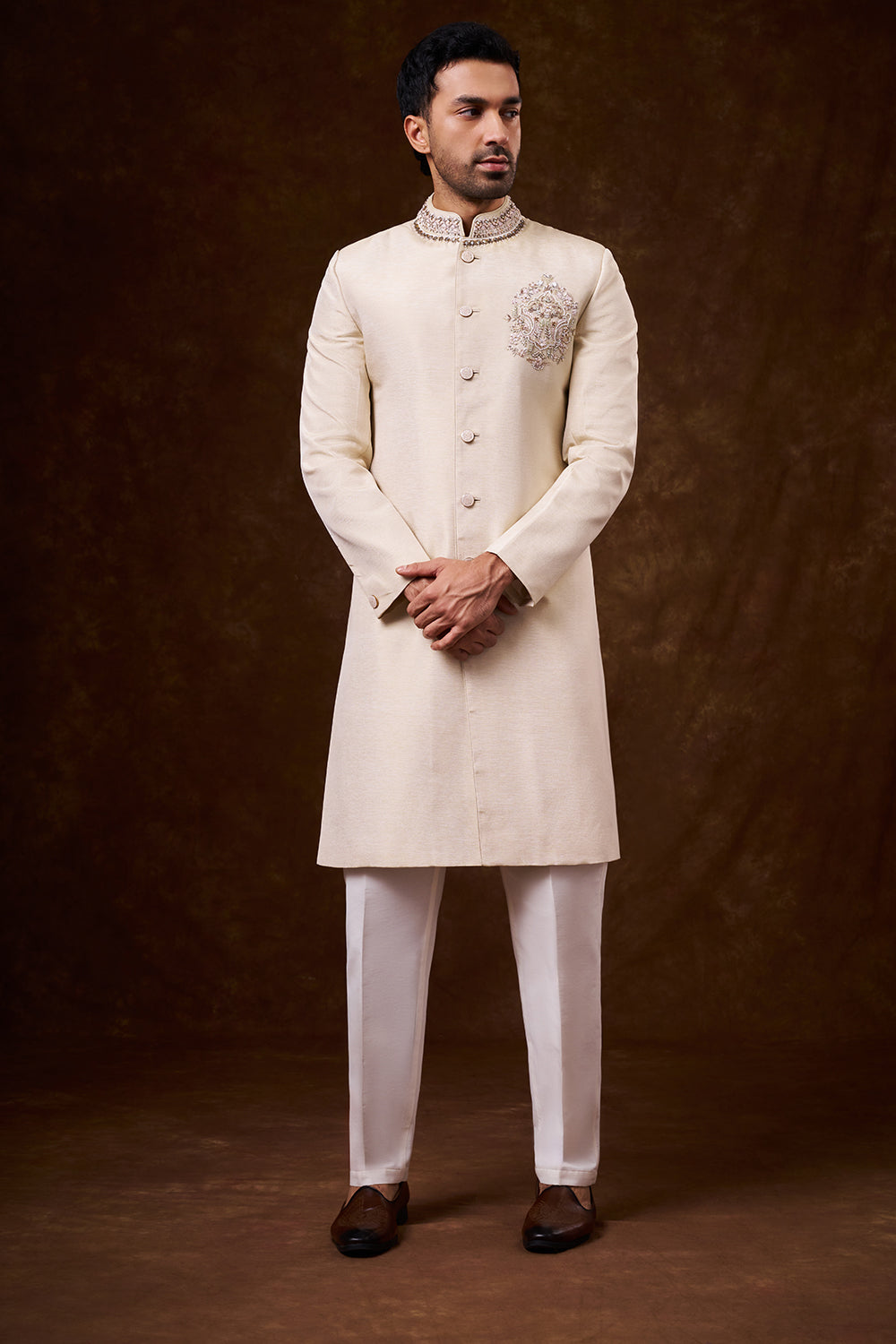 Light Beige Shimmer Art Silk Groomsman Sherwani with Resham Work