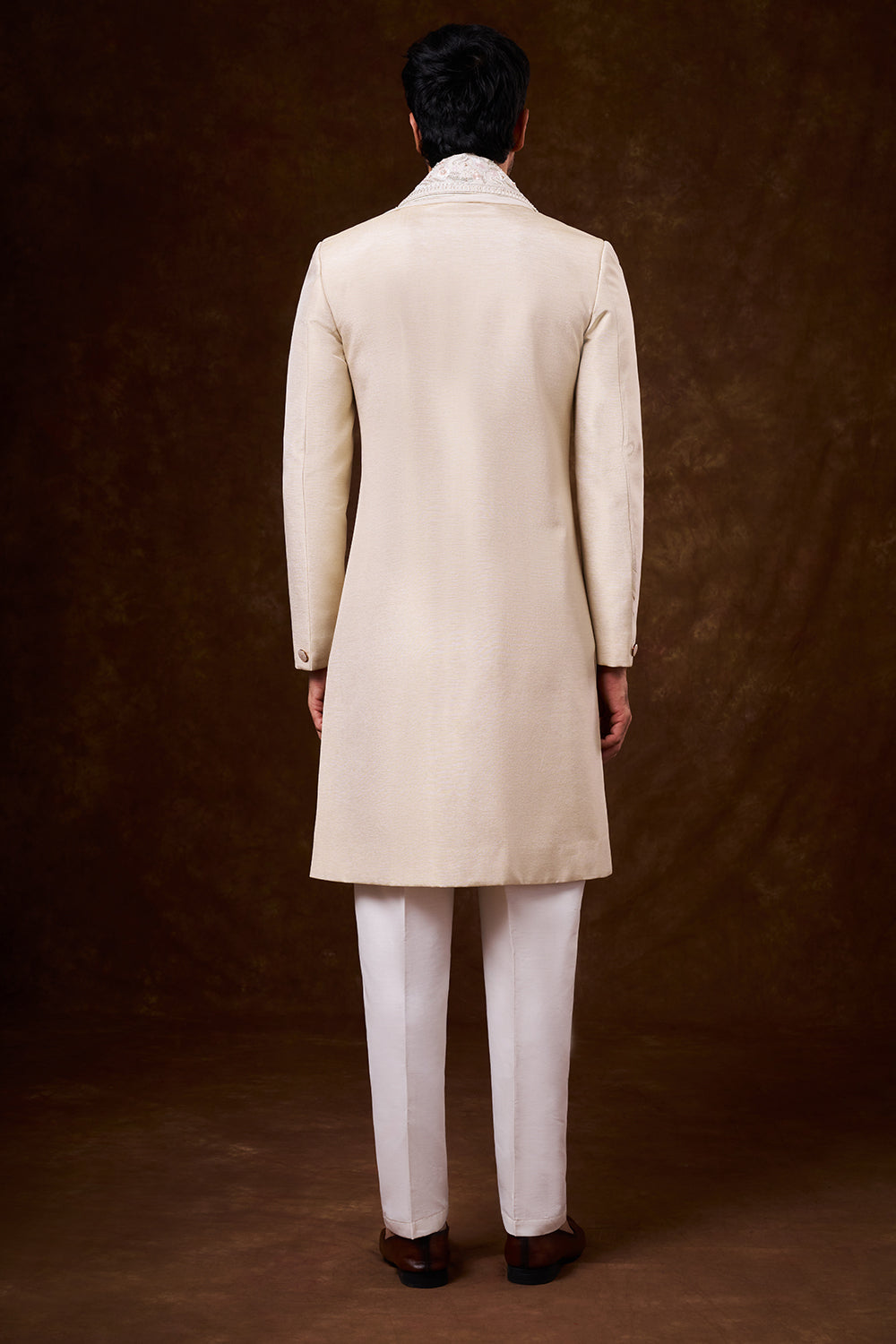 Light Beige Shimmer Art Silk Groomsman Sherwani with Resham Work