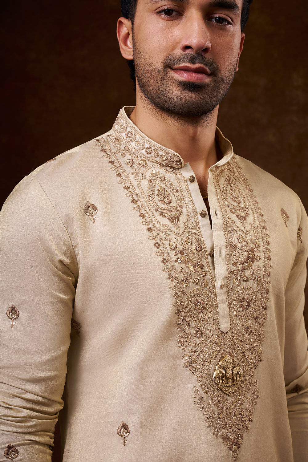 Light Beige Tissue Silk Men's Kurta Set with Resham Work