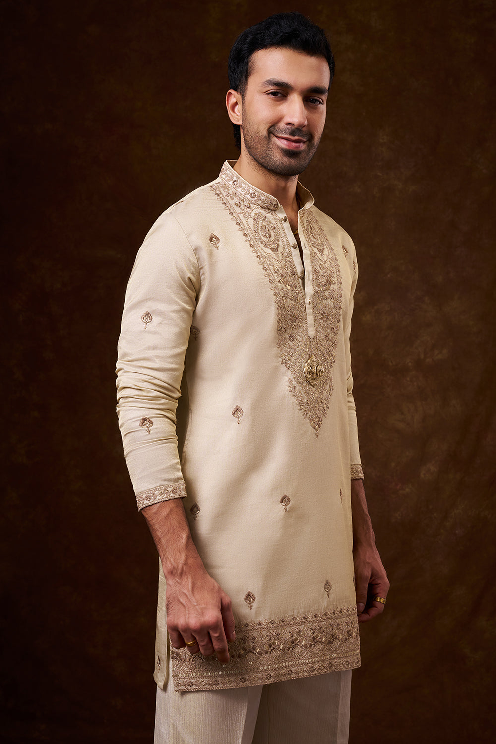 Light Beige Tissue Silk Men's Kurta Set with Resham Work