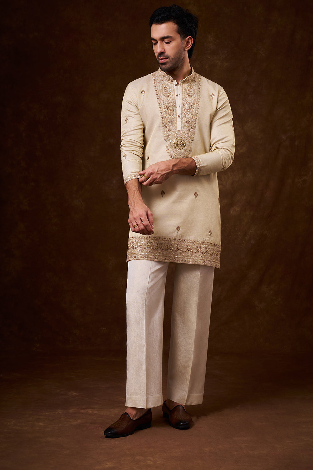 Light Beige Tissue Silk Men's Kurta Set with Resham Work