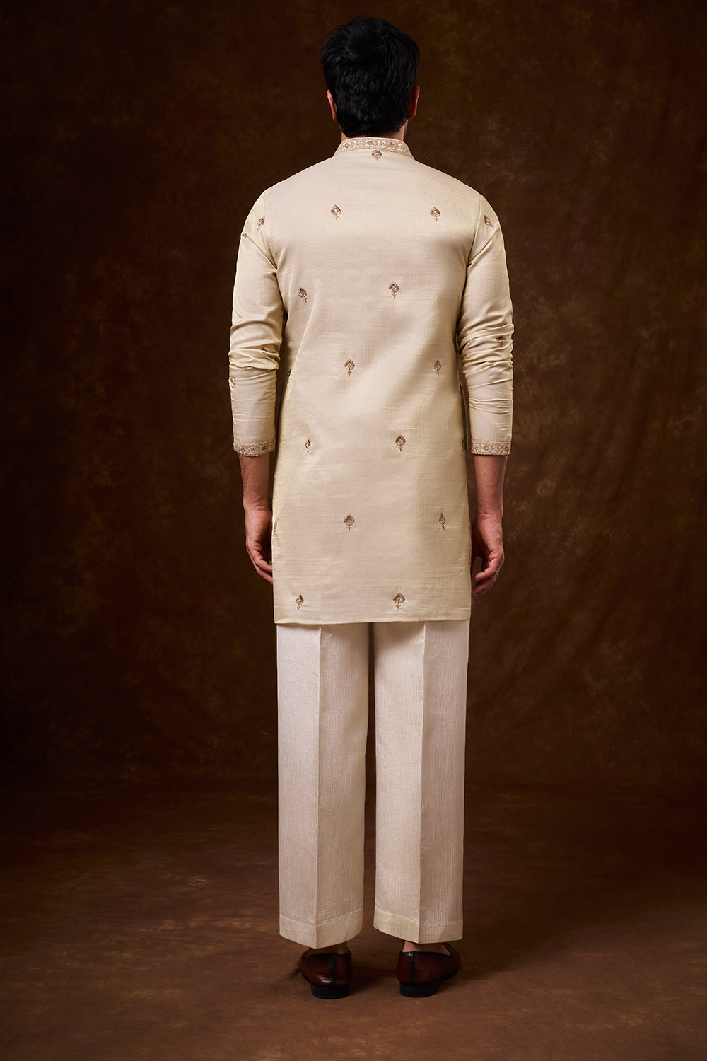 Light Beige Tissue Silk Men's Kurta Set with Resham Work