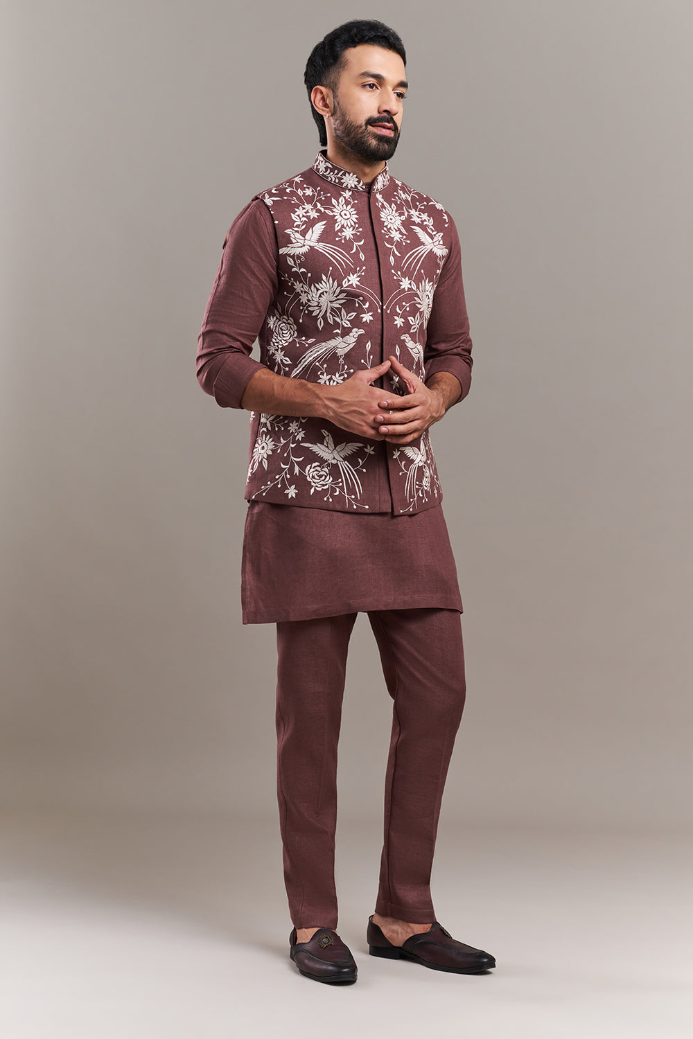 Light Brown Cotton Jute Bird Motif Men's Kurta with Jacket