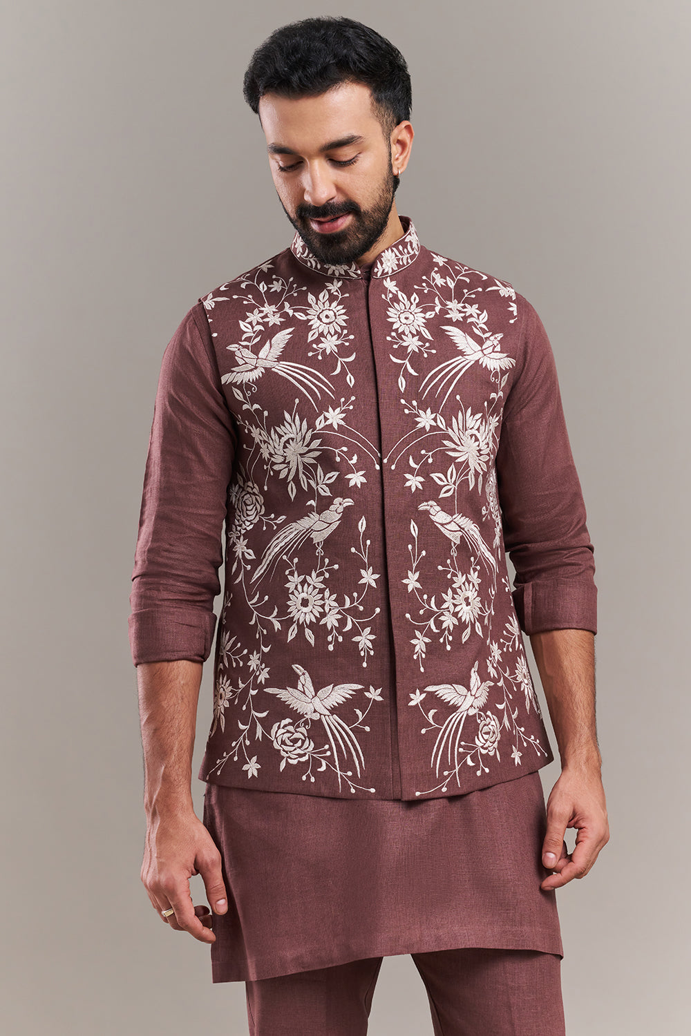 Light Brown Cotton Jute Bird Motif Men's Kurta with Jacket