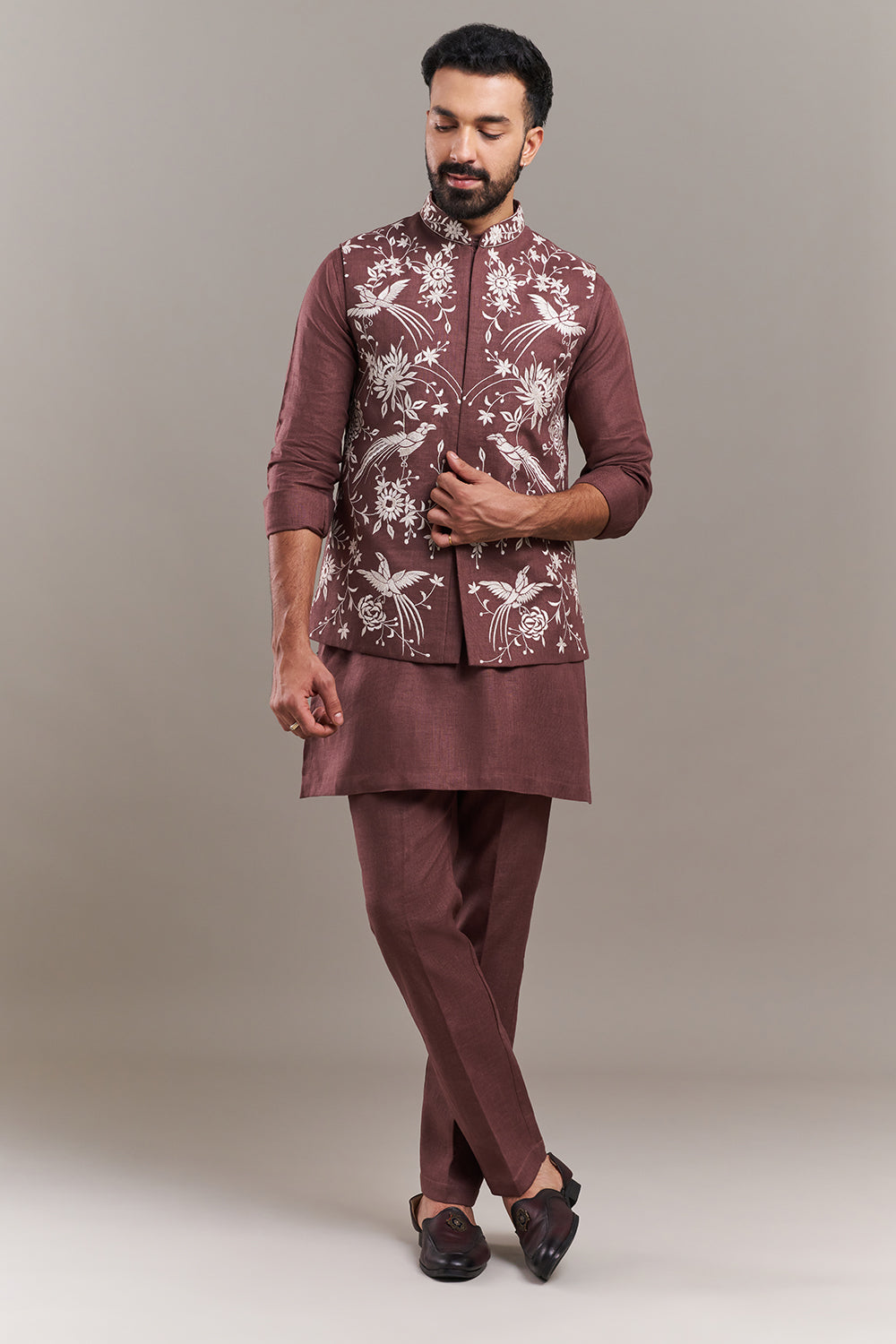 Light Brown Cotton Jute Bird Motif Men's Kurta with Jacket