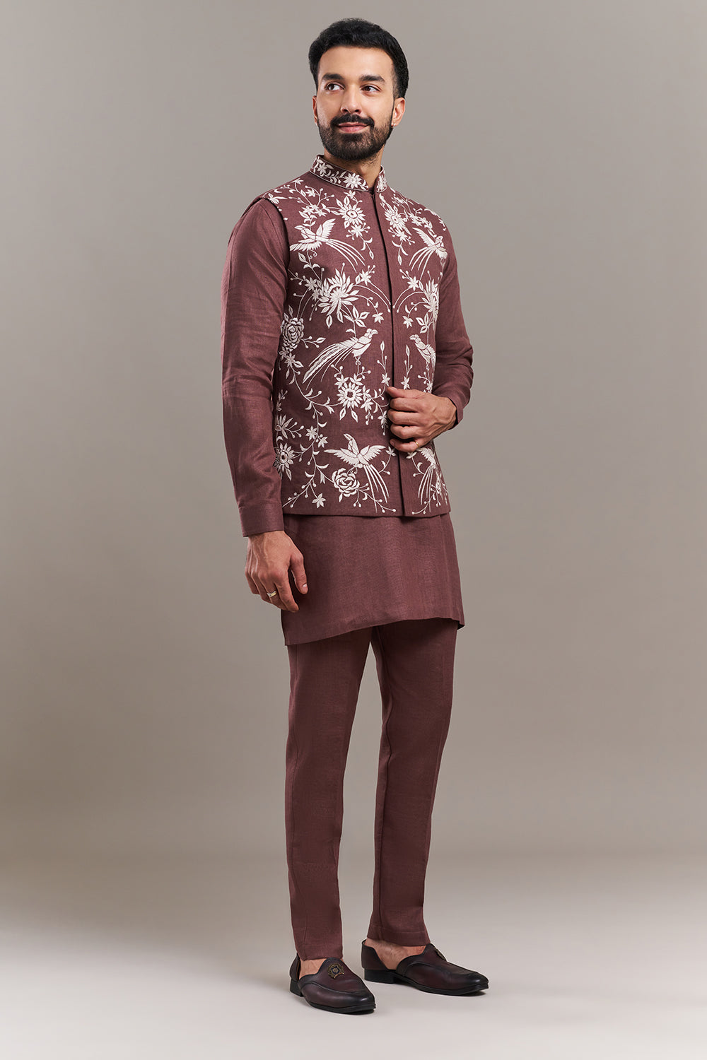 Light Brown Cotton Jute Bird Motif Men's Kurta with Jacket