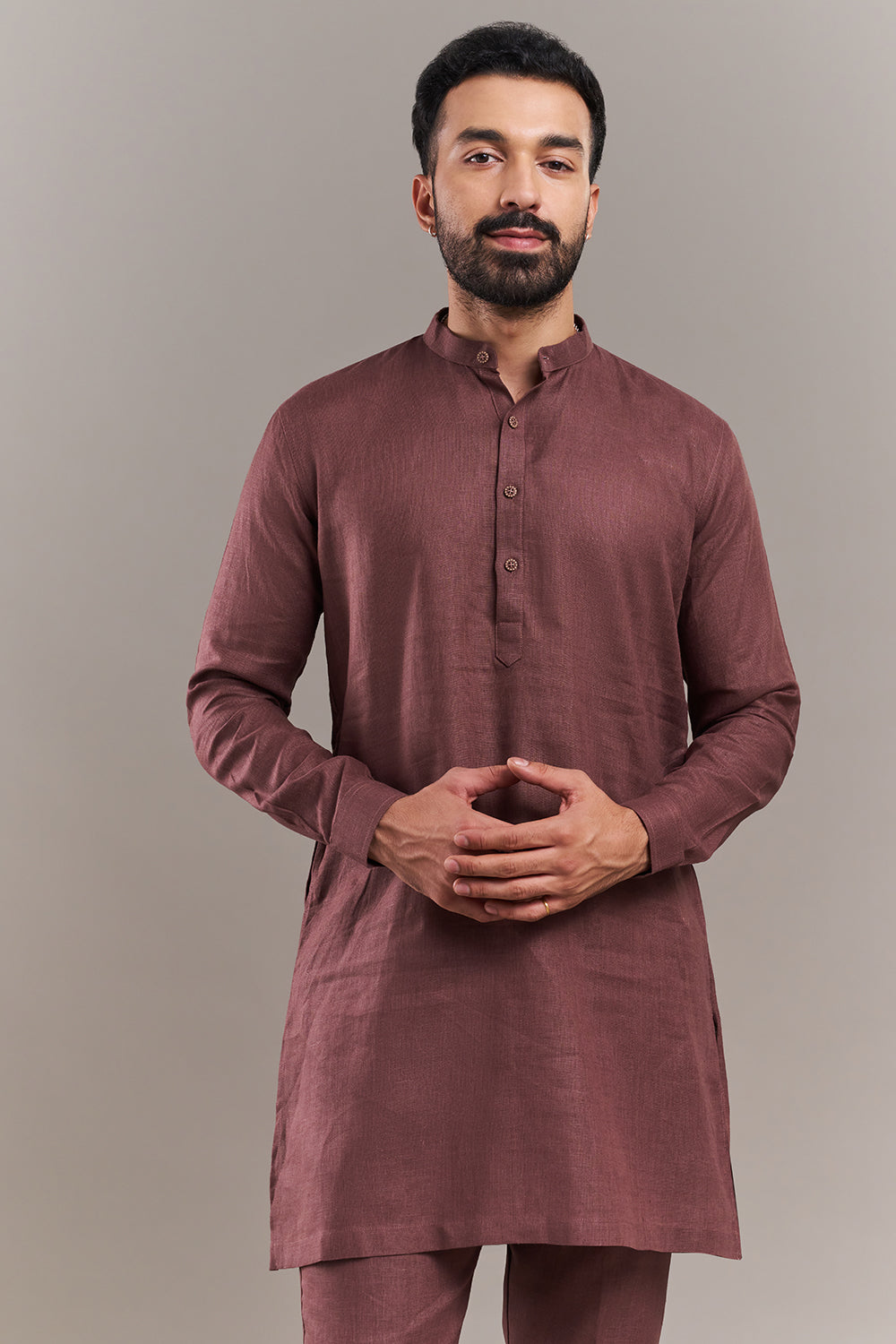 Light Brown Cotton Jute Bird Motif Men's Kurta with Jacket