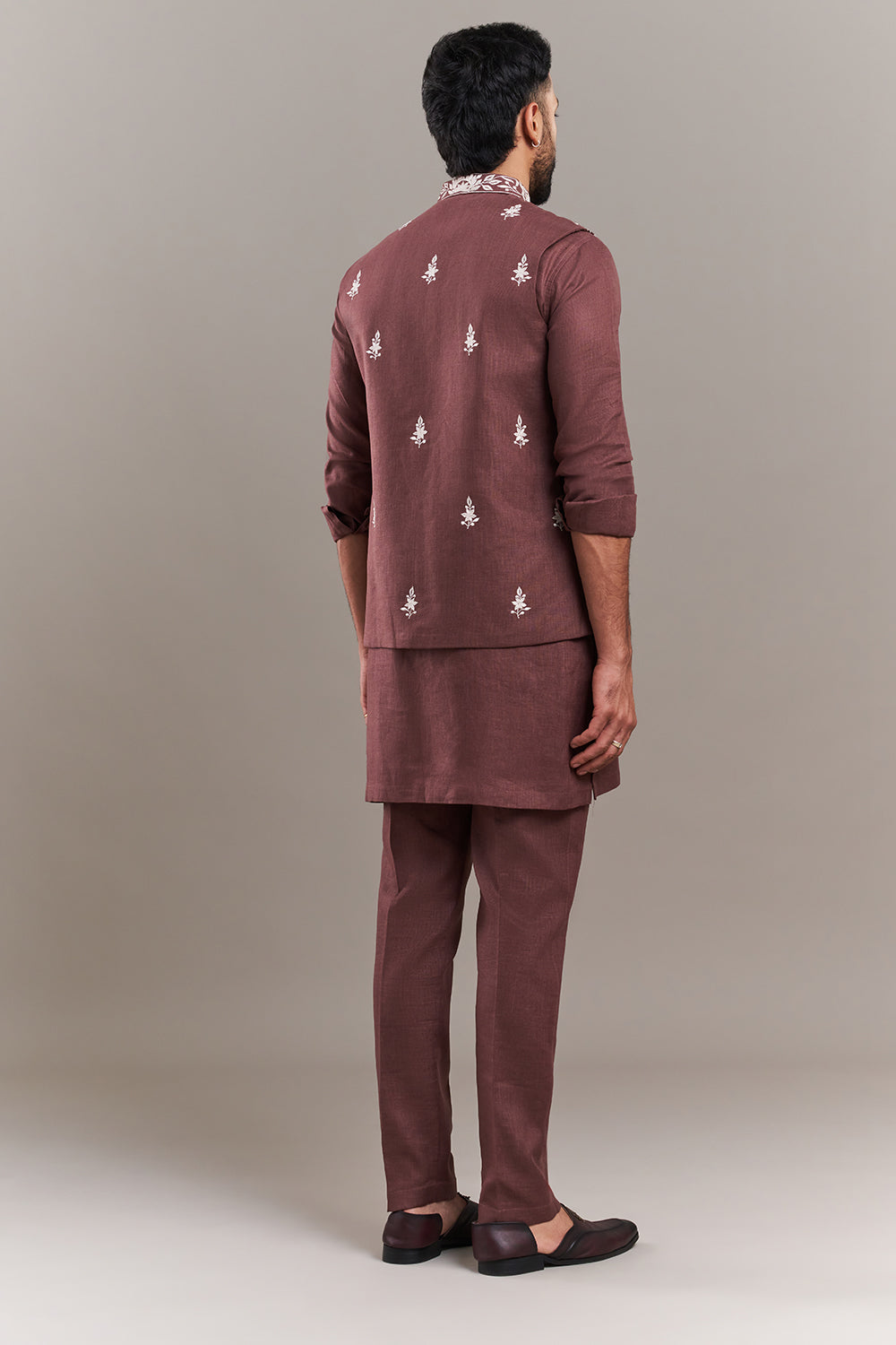 Light Brown Cotton Jute Bird Motif Men's Kurta with Jacket