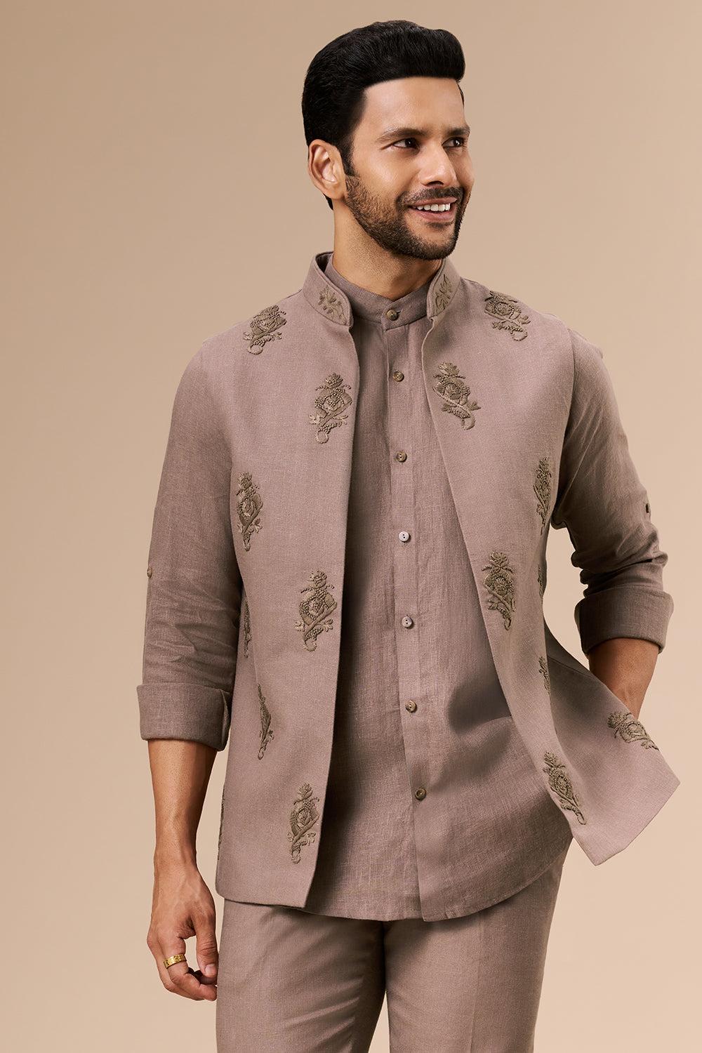Light Brown Linen Embroidered Bundi Set with Thread Work