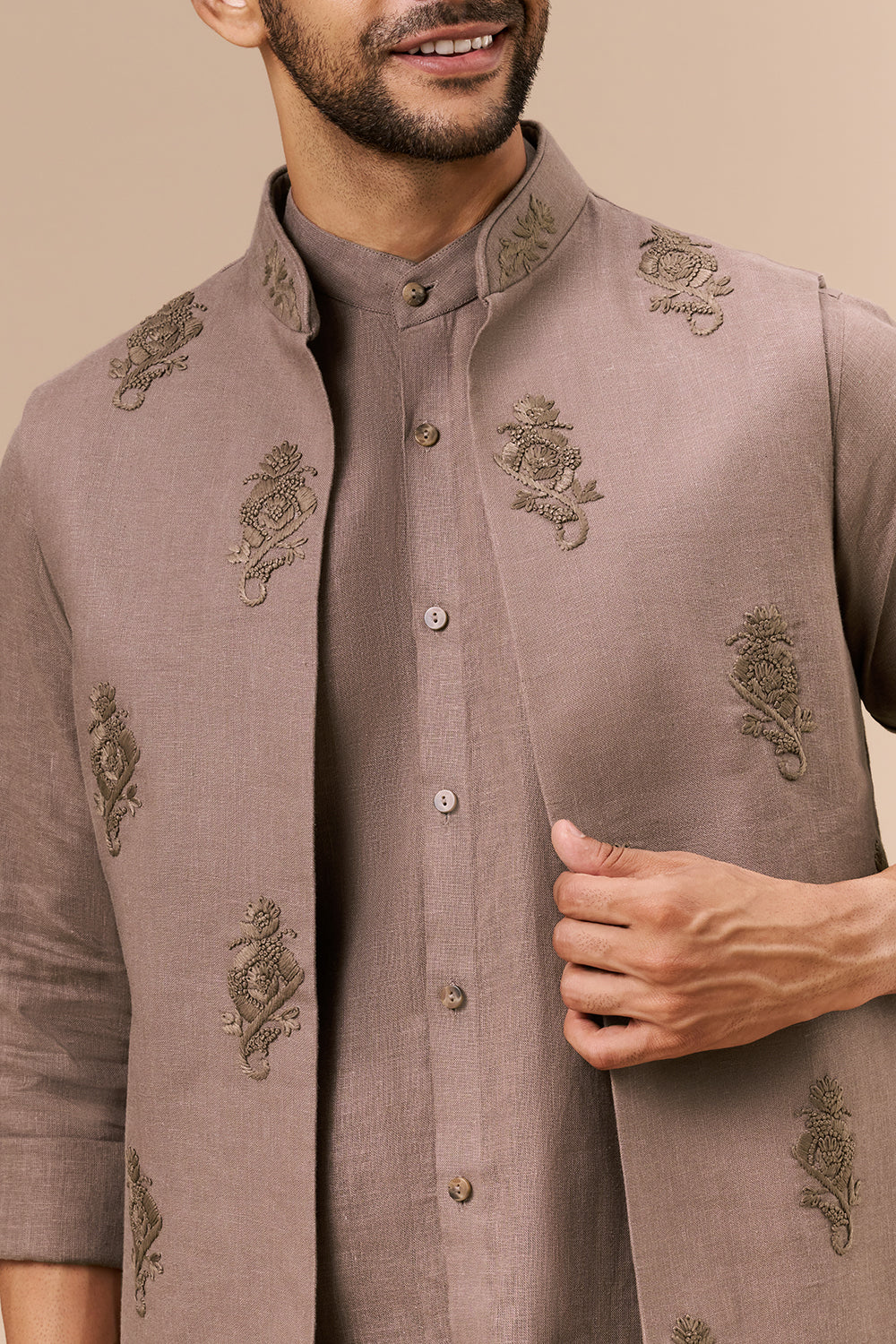 Light Brown Linen Embroidered Bundi Set with Thread Work
