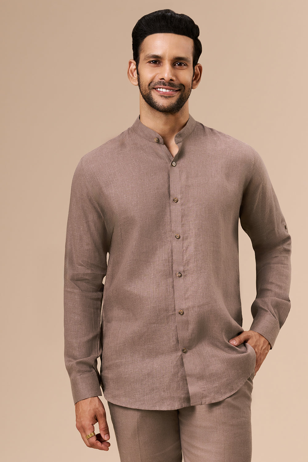 Light Brown Linen Embroidered Bundi Set with Thread Work