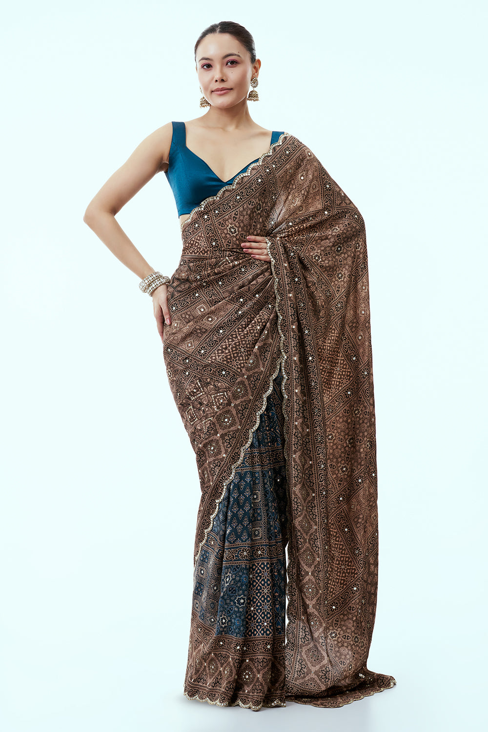 Light brown Printed Silk Ajrakh Saree with Unstitched Blue Blouse