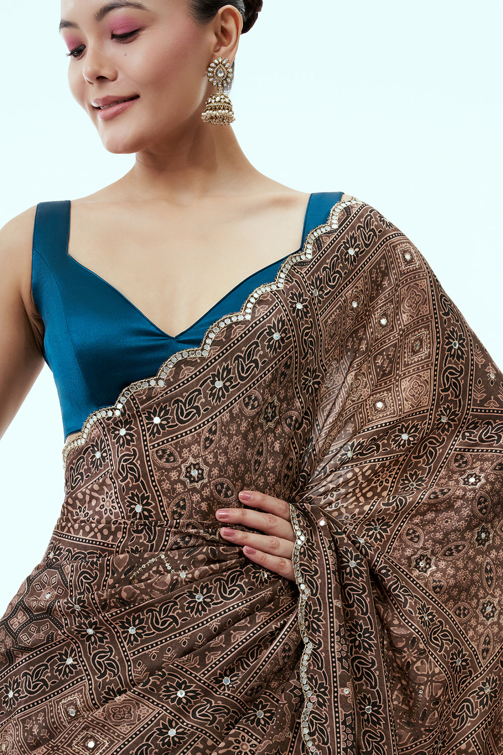 Light brown Printed Silk Ajrakh Saree with Unstitched Blue Blouse