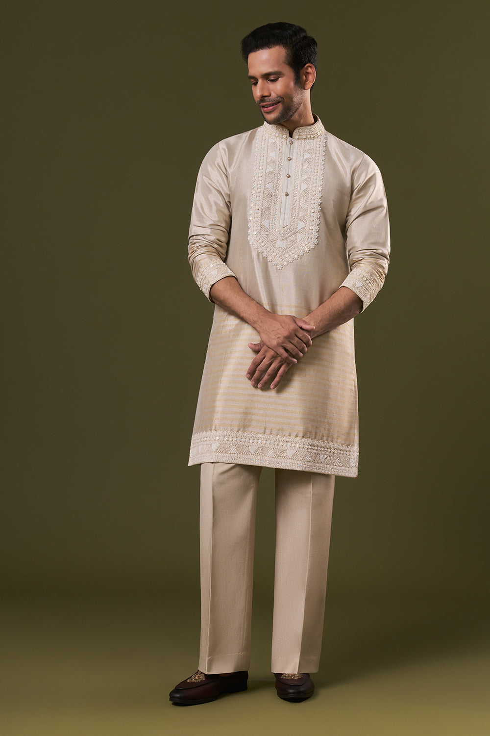 Light Copper Shimmer Mens Kurta Set with Pearl Embroidery