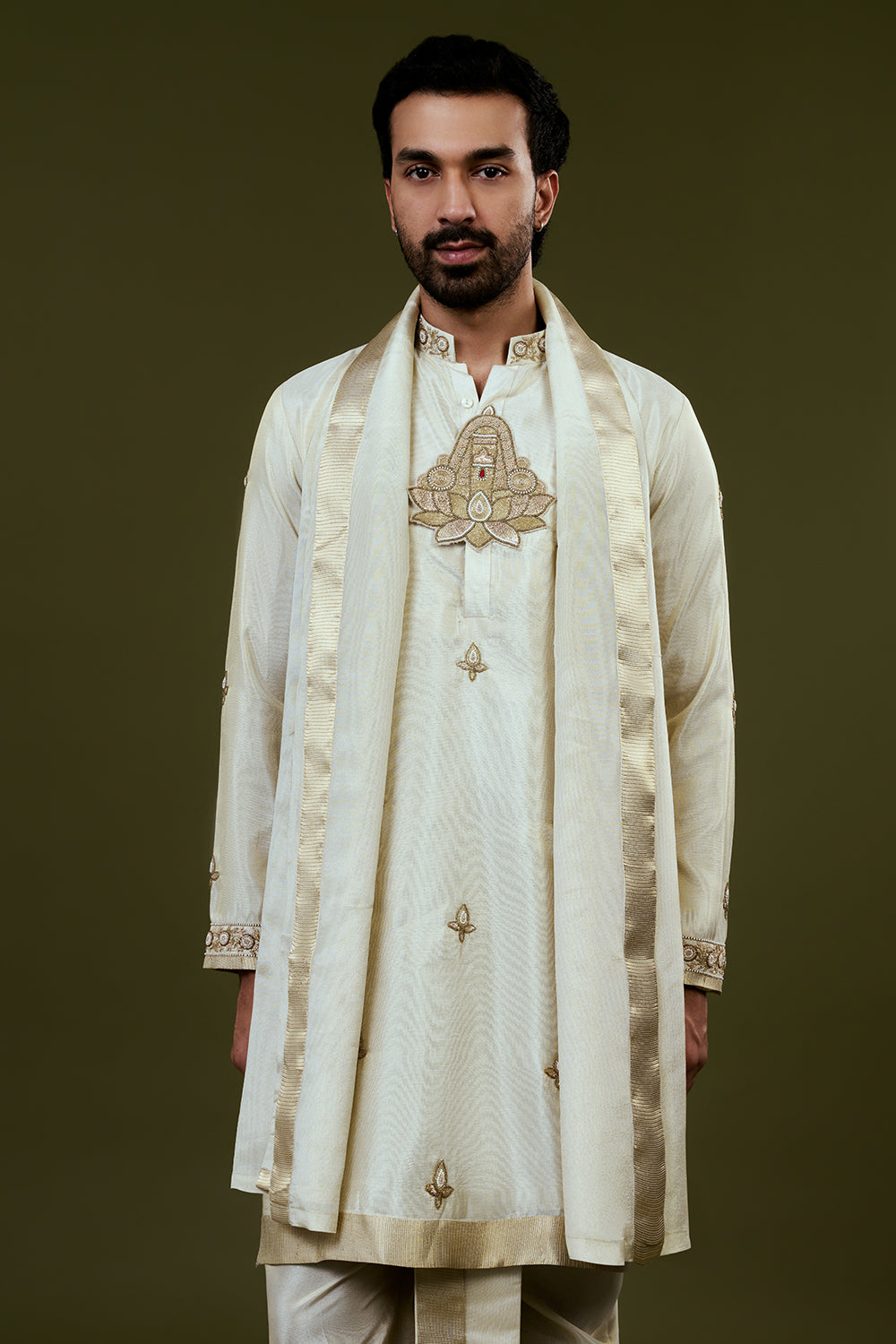 Light Cream Kurta Dhoti Set with Lotus Motif Embroidery on Neckline