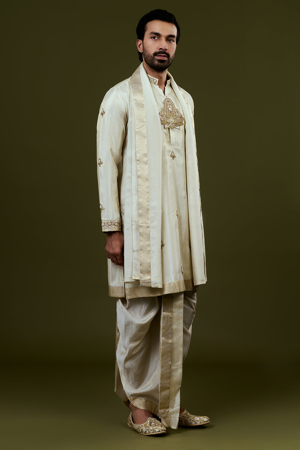 Light Cream Kurta Dhoti Set with Lotus Motif Embroidery on Neckline
