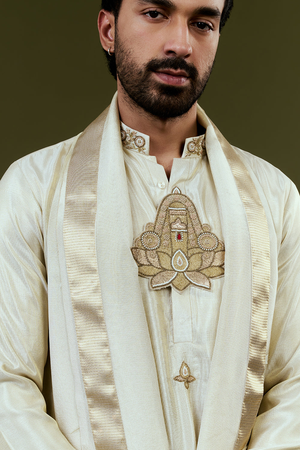 Light Cream Kurta Dhoti Set with Lotus Motif Embroidery on Neckline