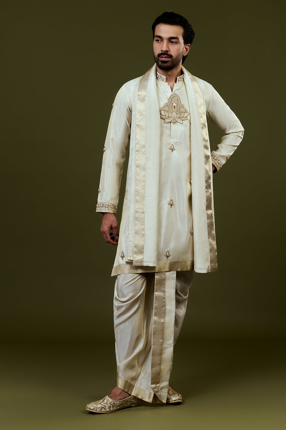 Light Cream Kurta Dhoti Set with Lotus Motif Embroidery on Neckline